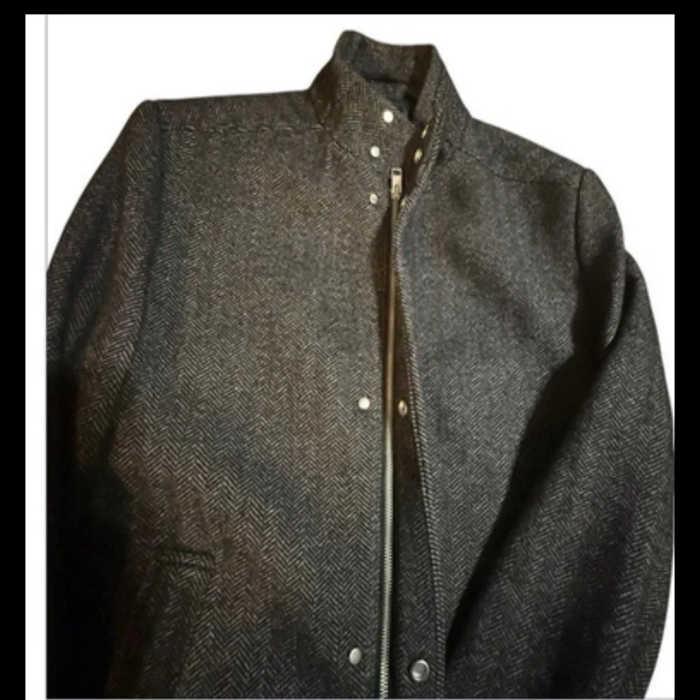 H&M Mens Wool Trench Coat Size 40R Gray Houndstooth Zip Snap Pockets Mock Neck